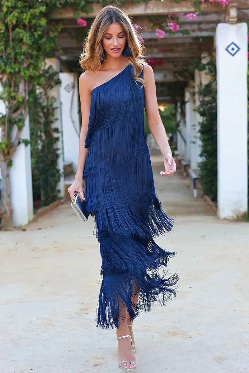 Camilla | Abito lungo da donna asimmetrico monospalla con frange