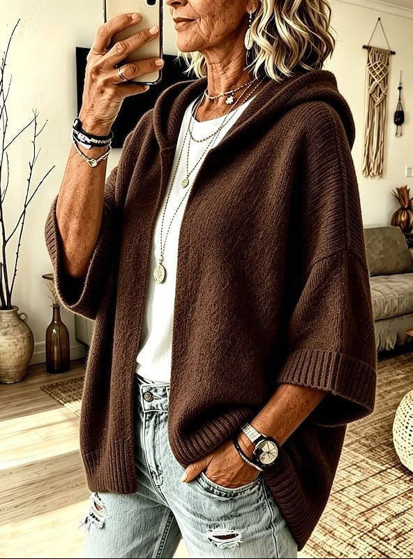 Hooded open-front knit cardigan, source view 1