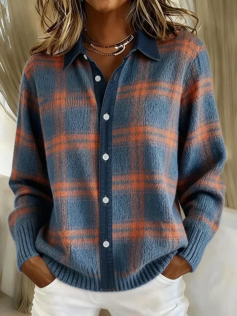Plaid button-front cardigan, source view 1