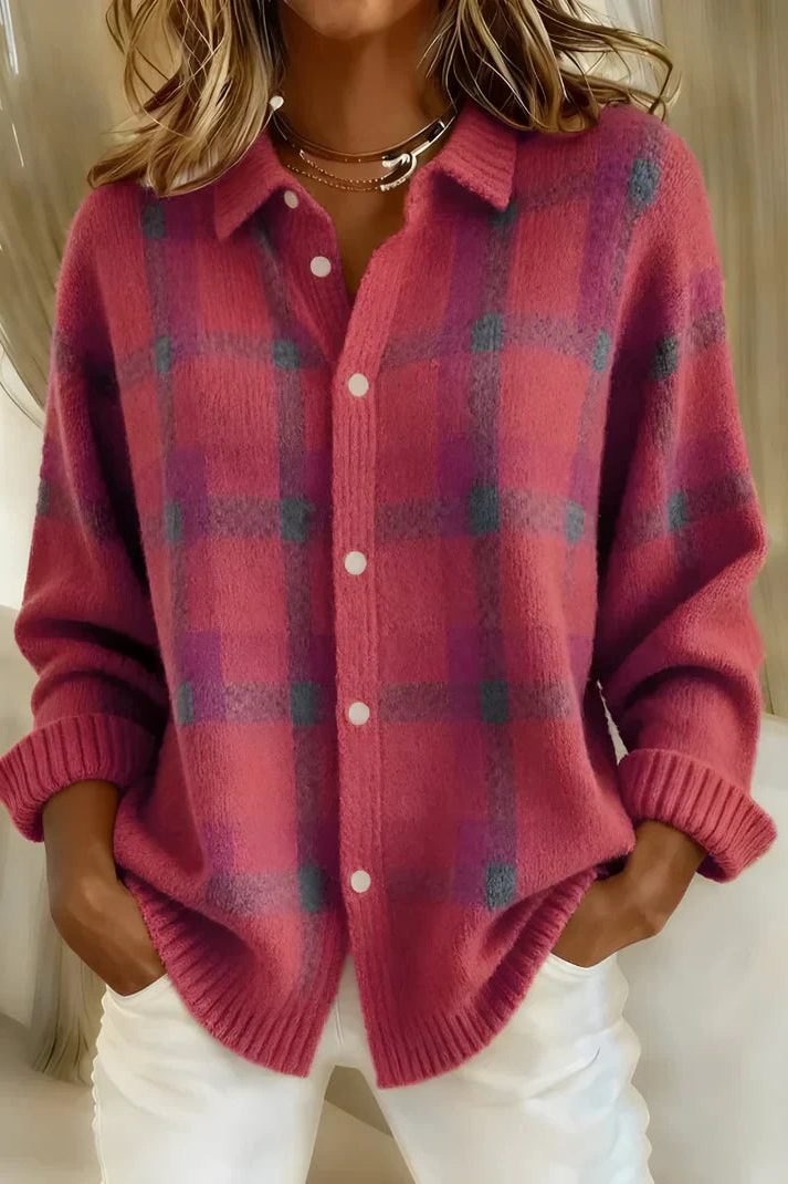 Plaid button-front cardigan, source view 5