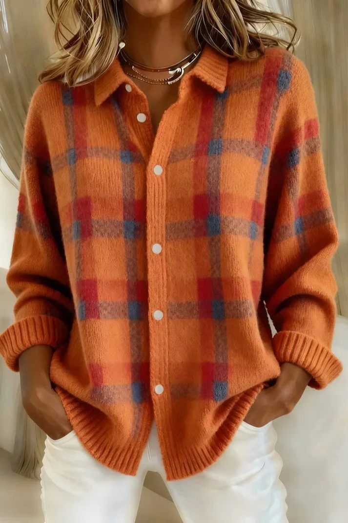 Plaid button-front cardigan, source view 6