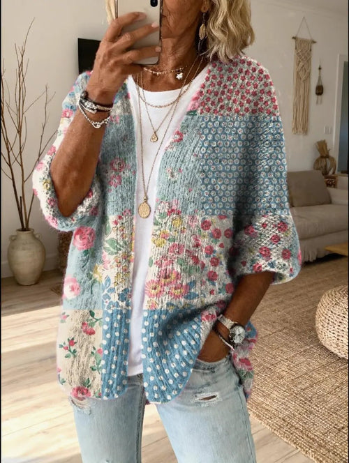 Women’s Printed Patchwork Open-Front Cardigan with Three-Quarter Sleeves, source view 1