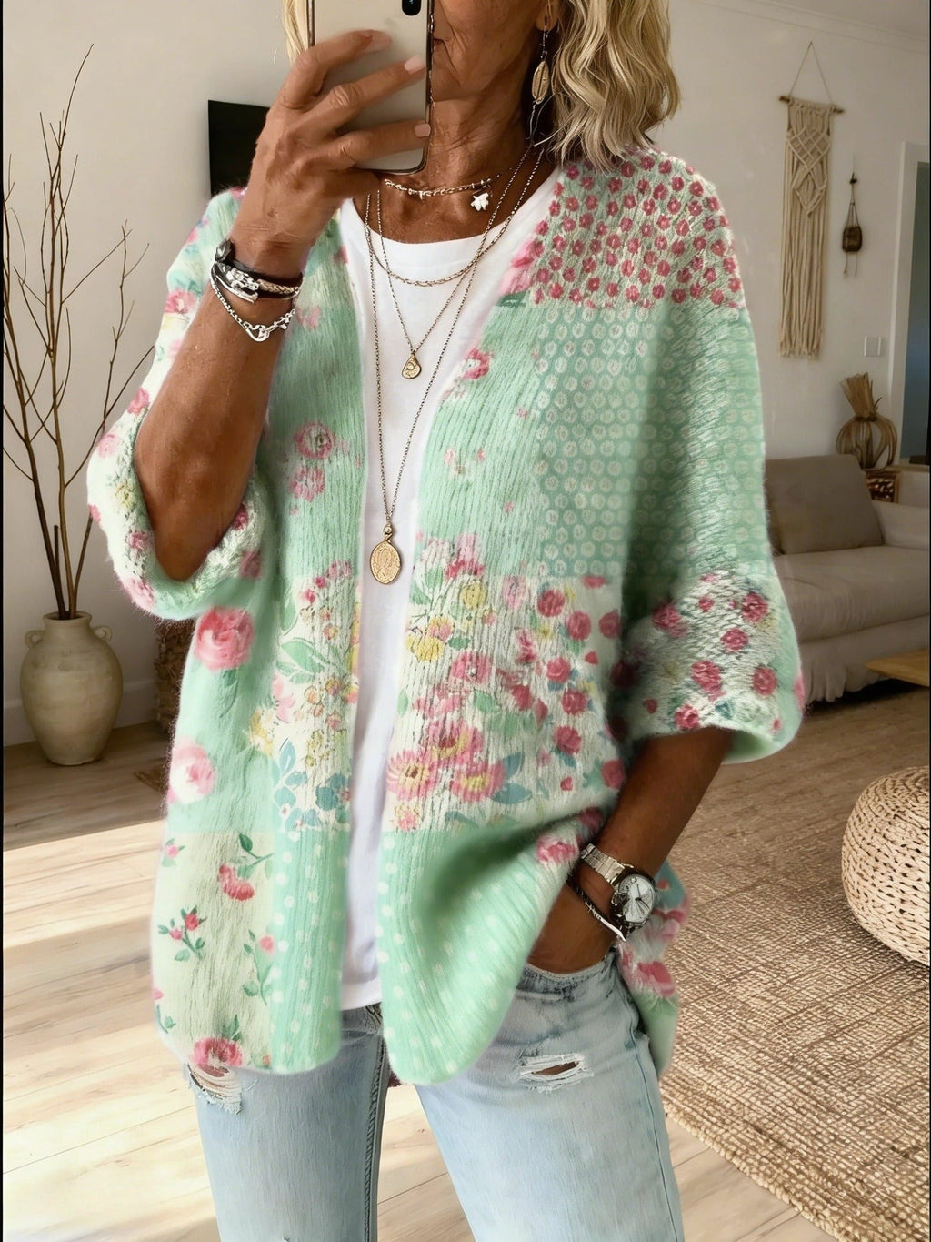 Women’s Printed Patchwork Open-Front Cardigan with Three-Quarter Sleeves, source view 3