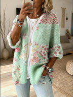 Women’s Printed Patchwork Open-Front Cardigan with Three-Quarter Sleeves, source view 3