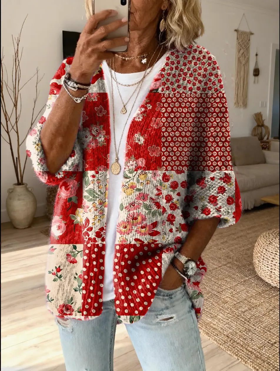 Women’s Printed Patchwork Open-Front Cardigan with Three-Quarter Sleeves, source view 4