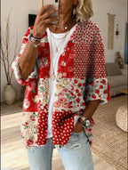 Women’s Printed Patchwork Open-Front Cardigan with Three-Quarter Sleeves, source view 4
