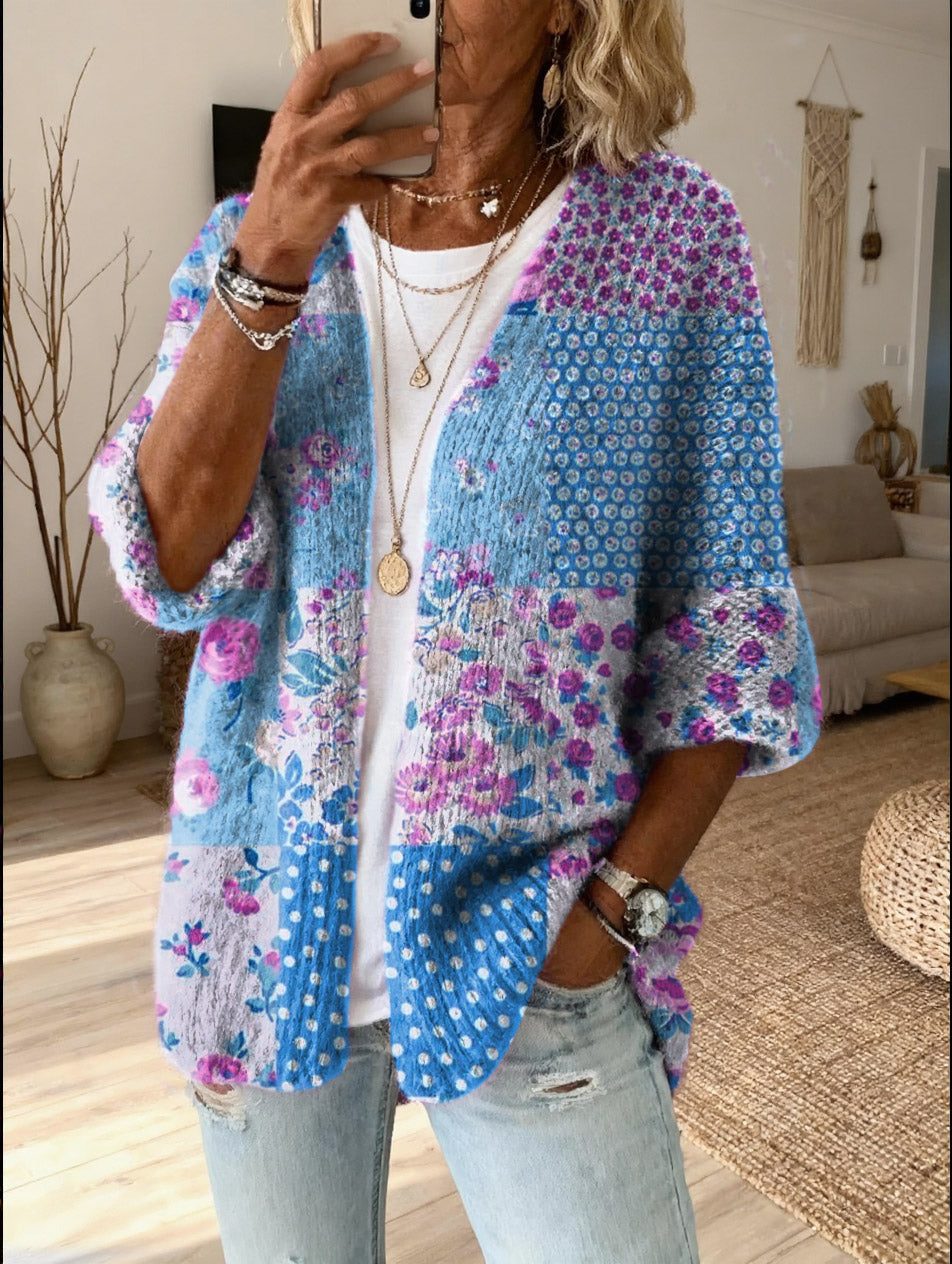 Women’s Printed Patchwork Open-Front Cardigan with Three-Quarter Sleeves, source view 5