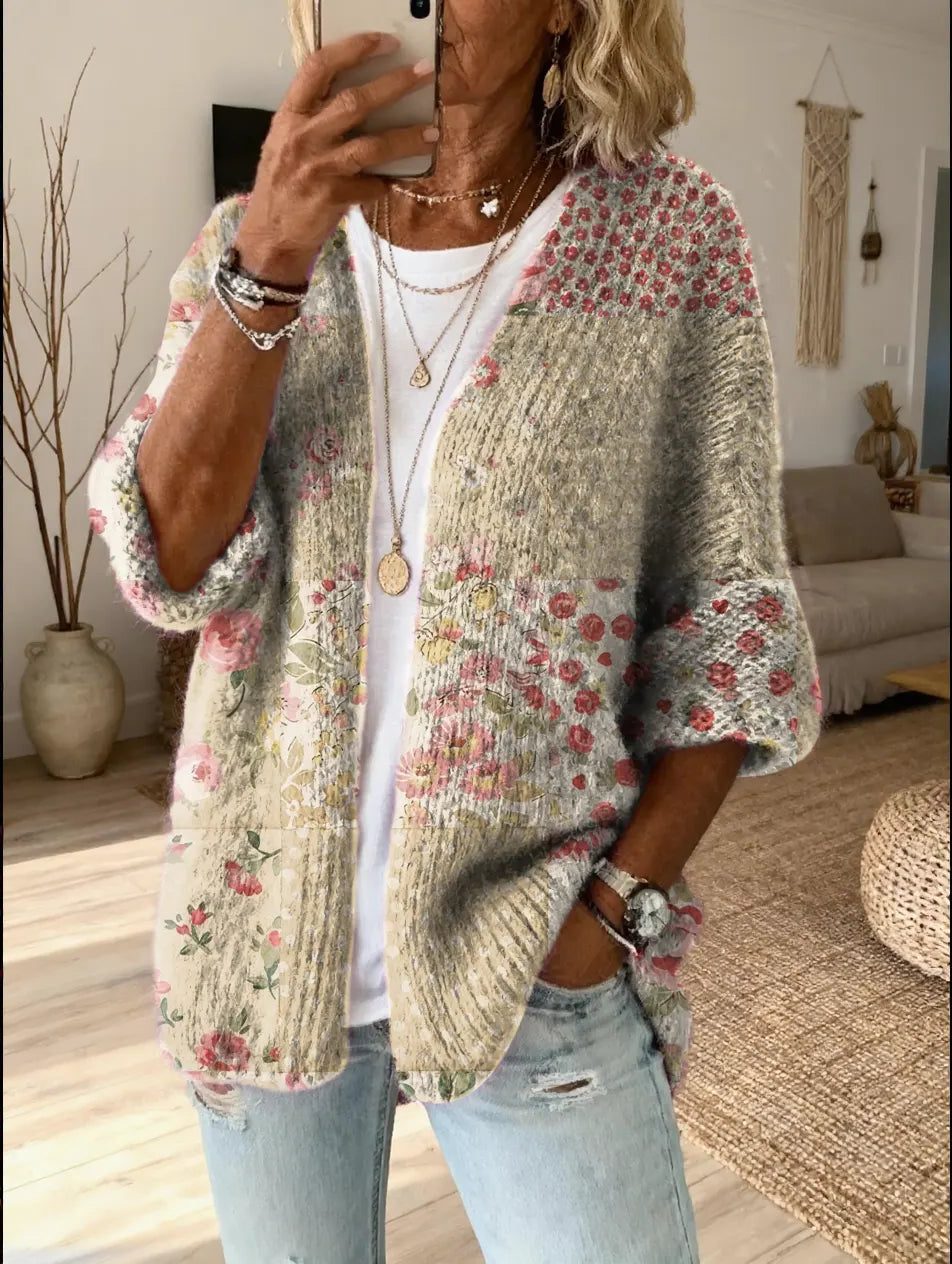Women’s Printed Patchwork Open-Front Cardigan with Three-Quarter Sleeves, source view 6