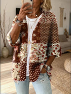 Women’s Printed Patchwork Open-Front Cardigan with Three-Quarter Sleeves, source view 7