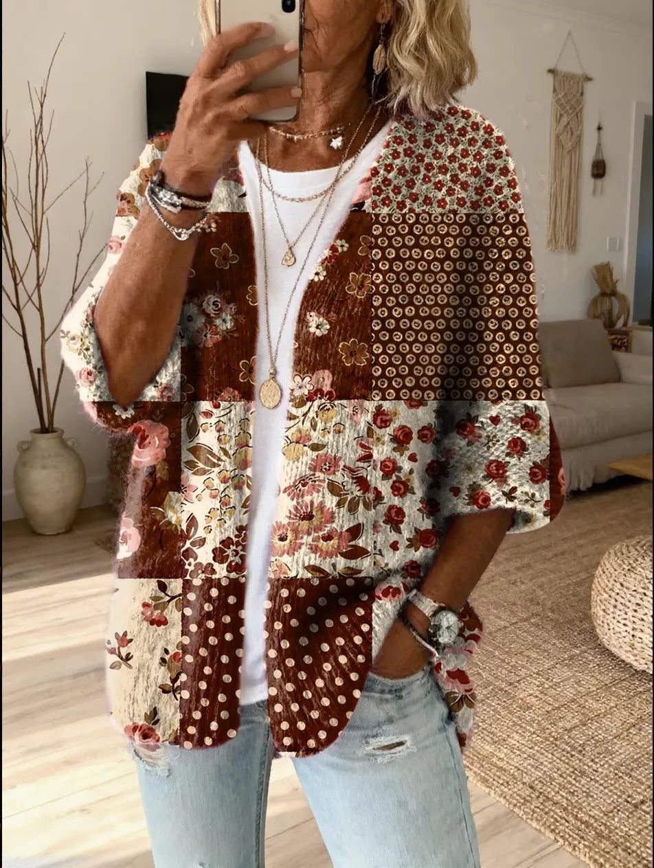 Women’s Printed Patchwork Open-Front Cardigan with Three-Quarter Sleeves, source view 7