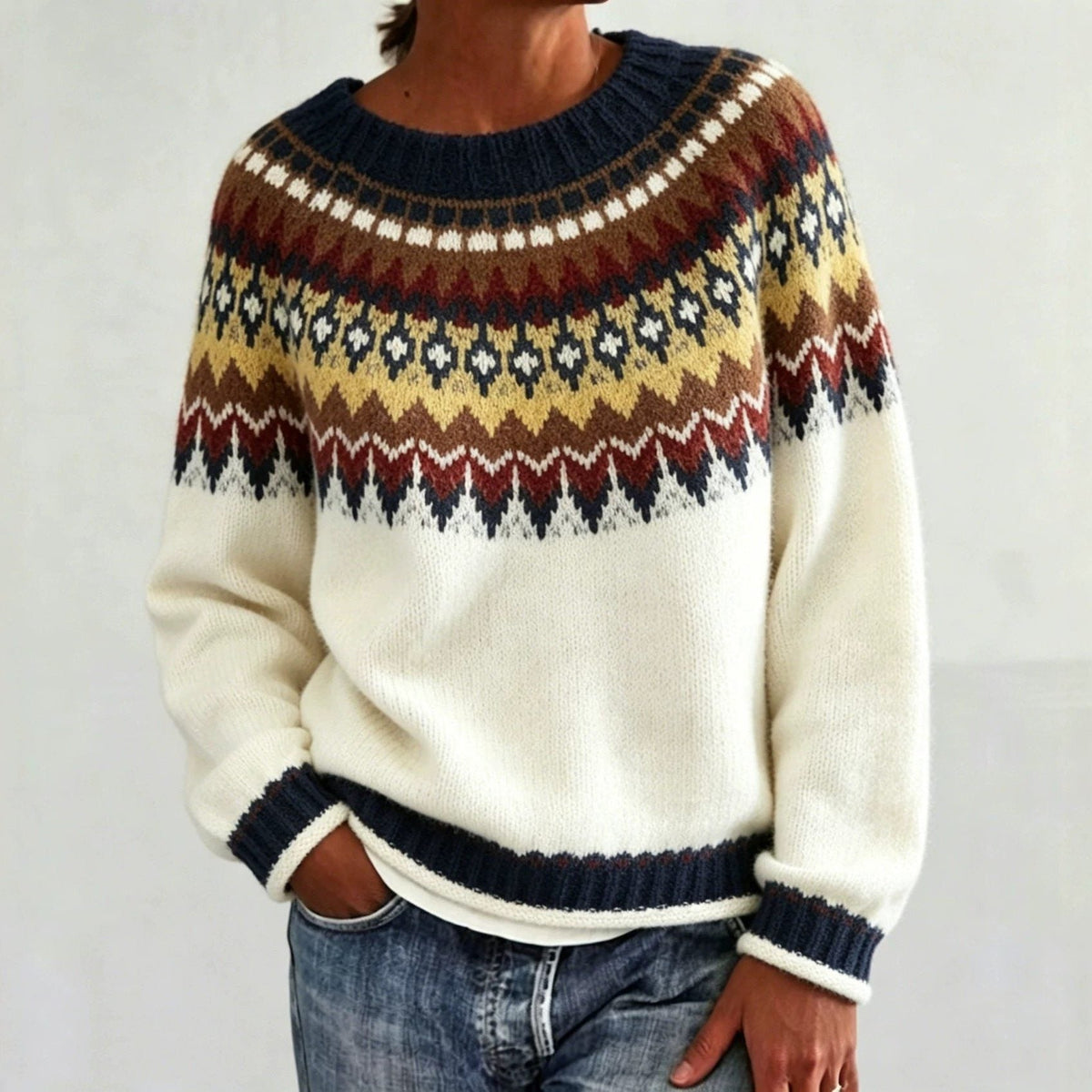 Women’s Fair Isle Yoke Crew-Neck Sweater with Ribbed Cuffs, source view 1