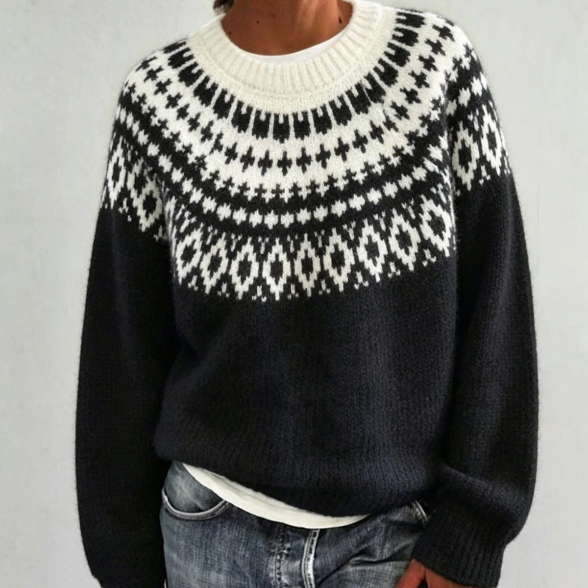 Women’s Fair Isle Yoke Crew-Neck Sweater with Ribbed Cuffs, source view 4