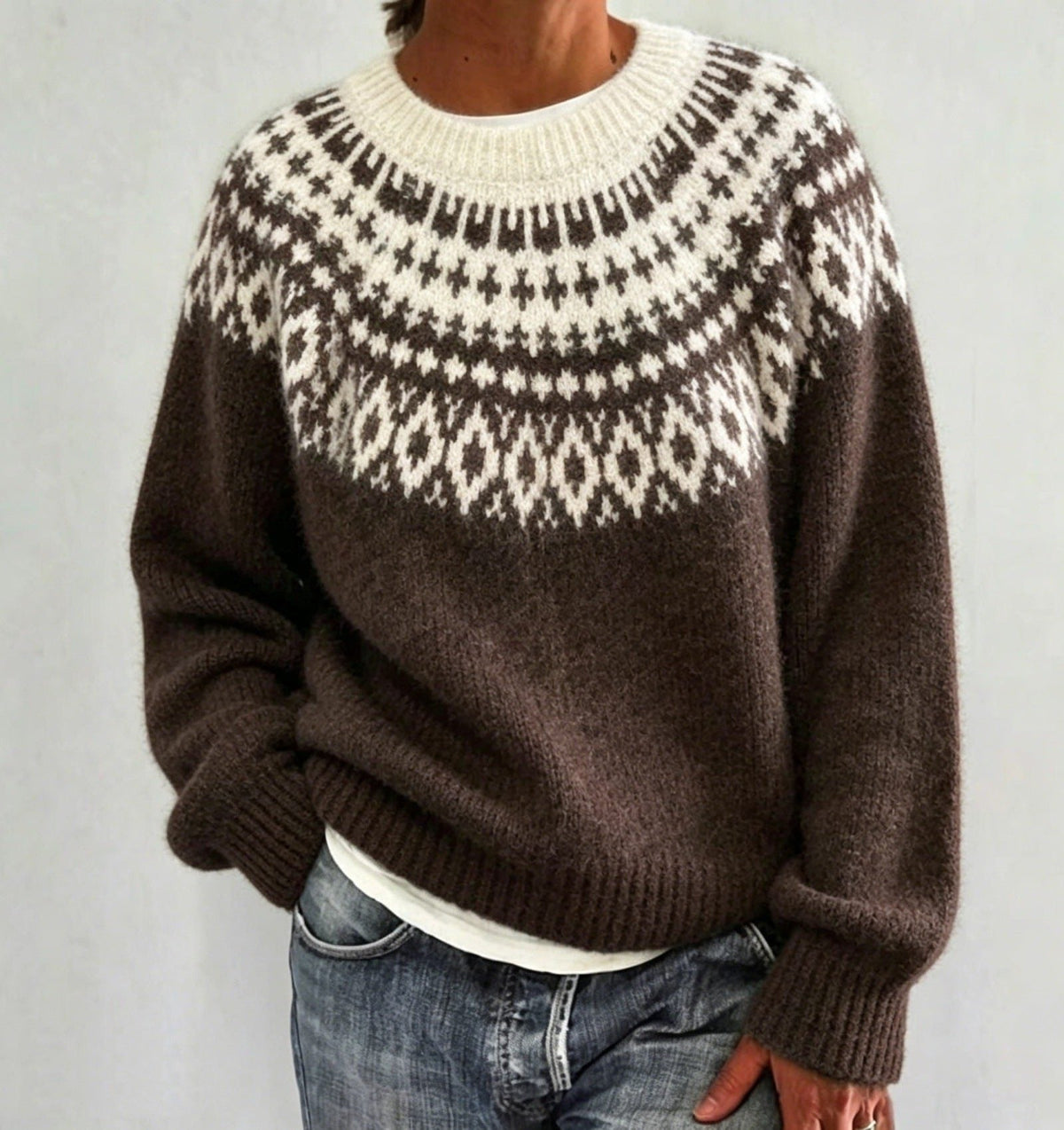 Women’s Fair Isle Yoke Crew-Neck Sweater with Ribbed Cuffs, source view 7
