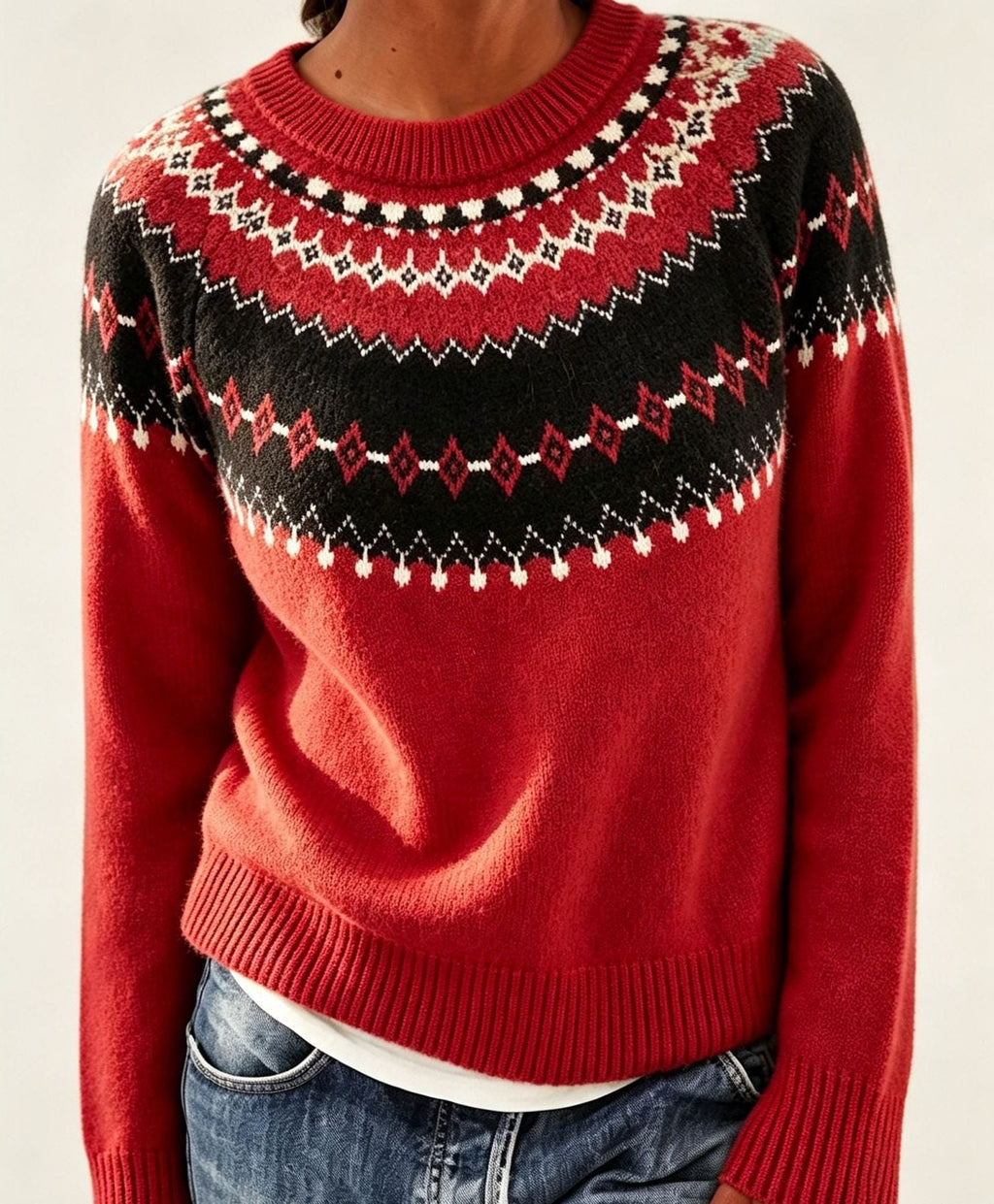 Women’s Fair Isle Yoke Crew-Neck Sweater with Ribbed Cuffs, source view 9