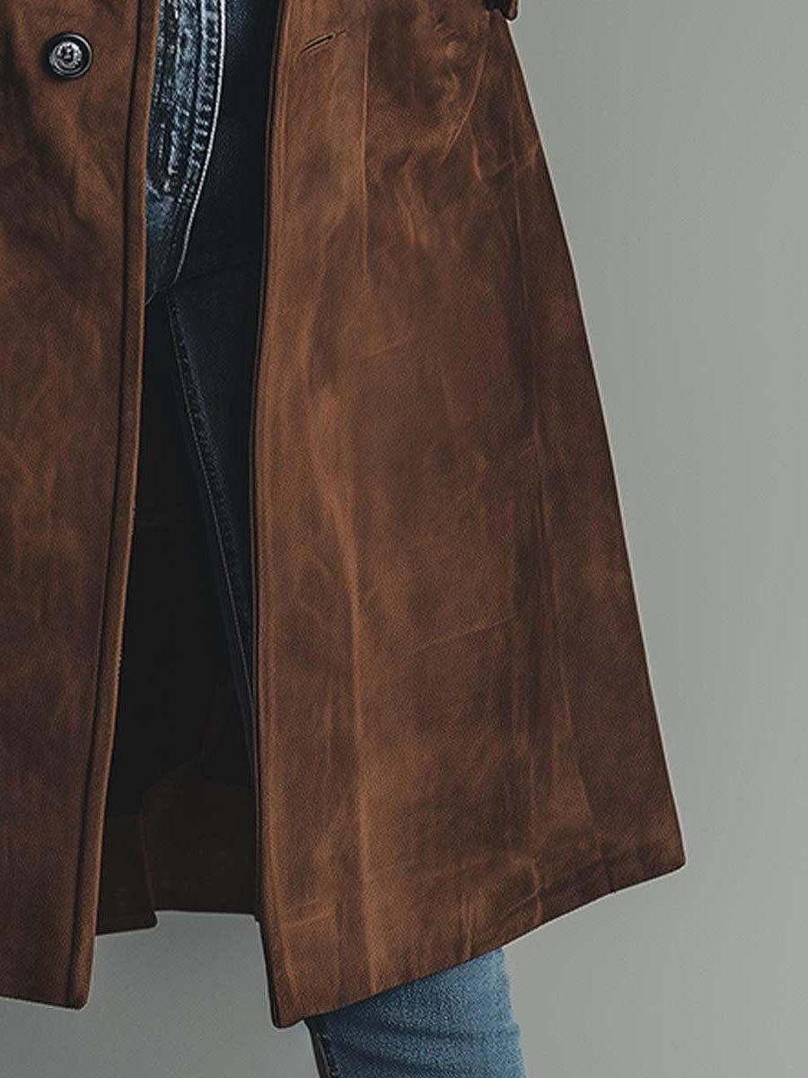 Women’s Long Button-Front Trench-Style Coat with Notched Lapels, source view 3