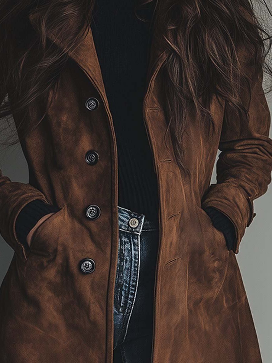 Women’s Long Button-Front Trench-Style Coat with Notched Lapels, source view 4