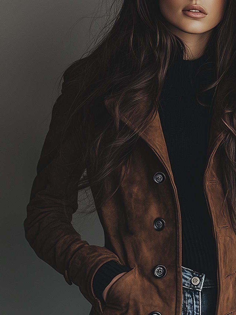 Women’s Long Button-Front Trench-Style Coat with Notched Lapels, source view 5