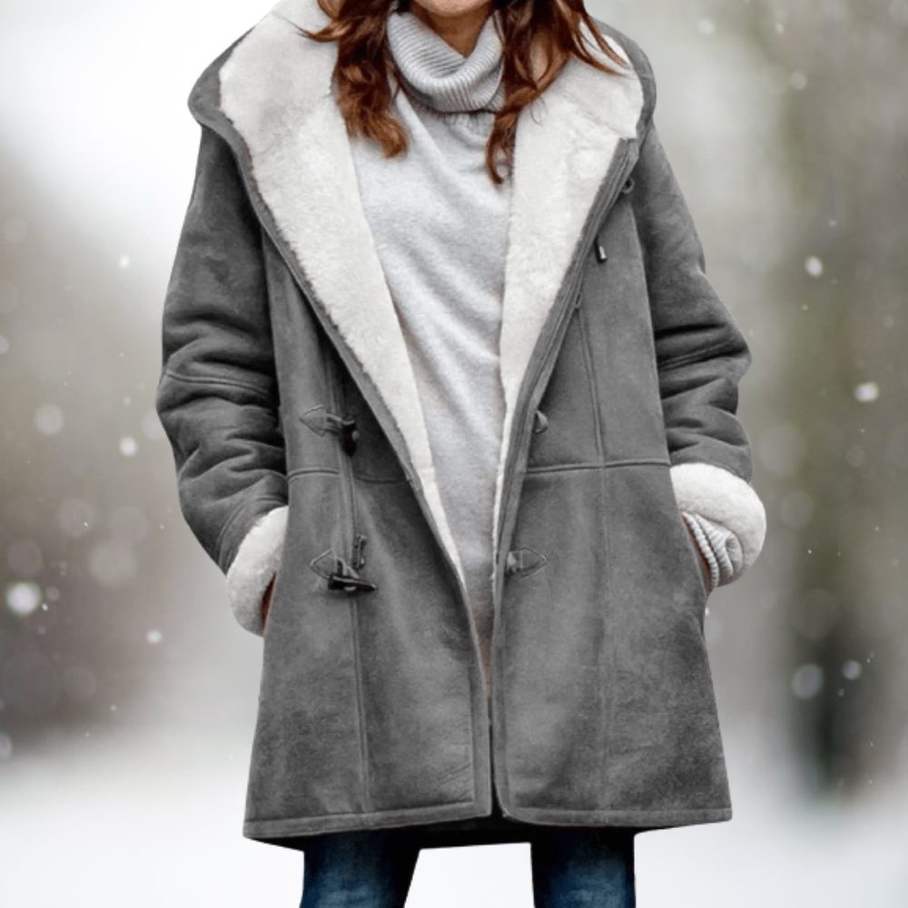 Women’s Long Plush-Lined Hooded Coat with Shawl Collar, source view 2
