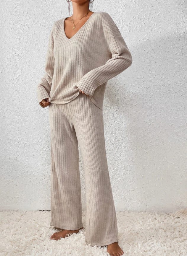 Women’s Ribbed V-Neck Sweater and Wide-Leg Pants Set, source view 1