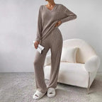Women’s Ribbed V-Neck Sweater and Wide-Leg Pants Set, source view 2