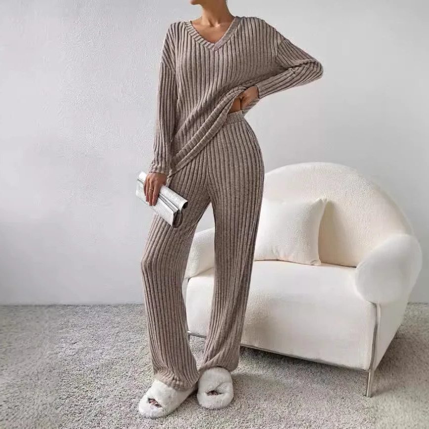 Women’s Ribbed V-Neck Sweater and Wide-Leg Pants Set, source view 2