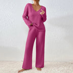 Women’s Ribbed V-Neck Sweater and Wide-Leg Pants Set, source view 4