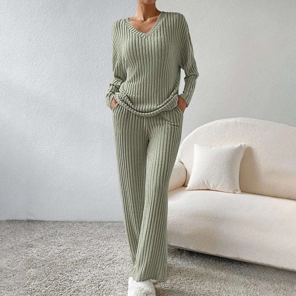 Women’s Ribbed V-Neck Sweater and Wide-Leg Pants Set, source view 5