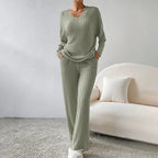 Women’s Ribbed V-Neck Sweater and Wide-Leg Pants Set, source view 5