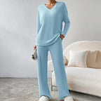 Women’s Ribbed V-Neck Sweater and Wide-Leg Pants Set, source view 6