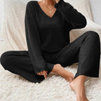 Women’s Ribbed V-Neck Sweater and Wide-Leg Pants Set, source view 8