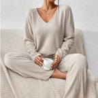 Women’s Ribbed V-Neck Sweater and Wide-Leg Pants Set, source view 9