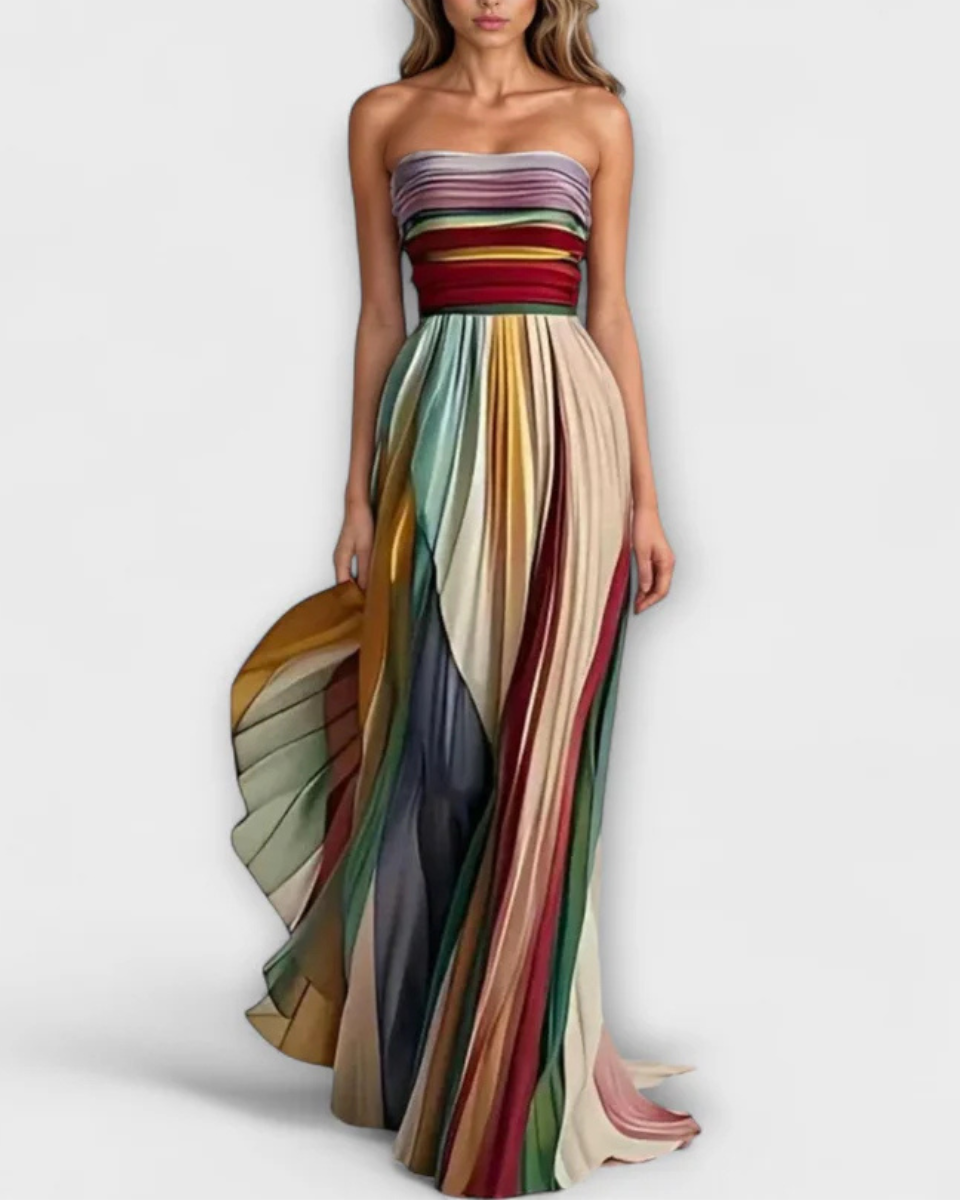 Anita multicolor strapless pleated maxi dress — original front product photograph