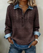 Ambra denim-look polo collar knit top Brown