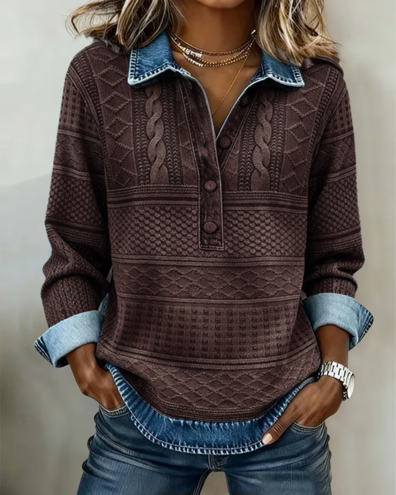 Ambra denim-look polo collar knit top Brown