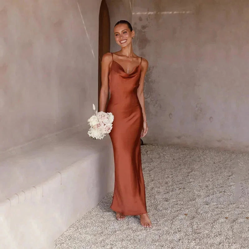 Livia sleeveless satin-look cowl-neck maxi dress - Brown