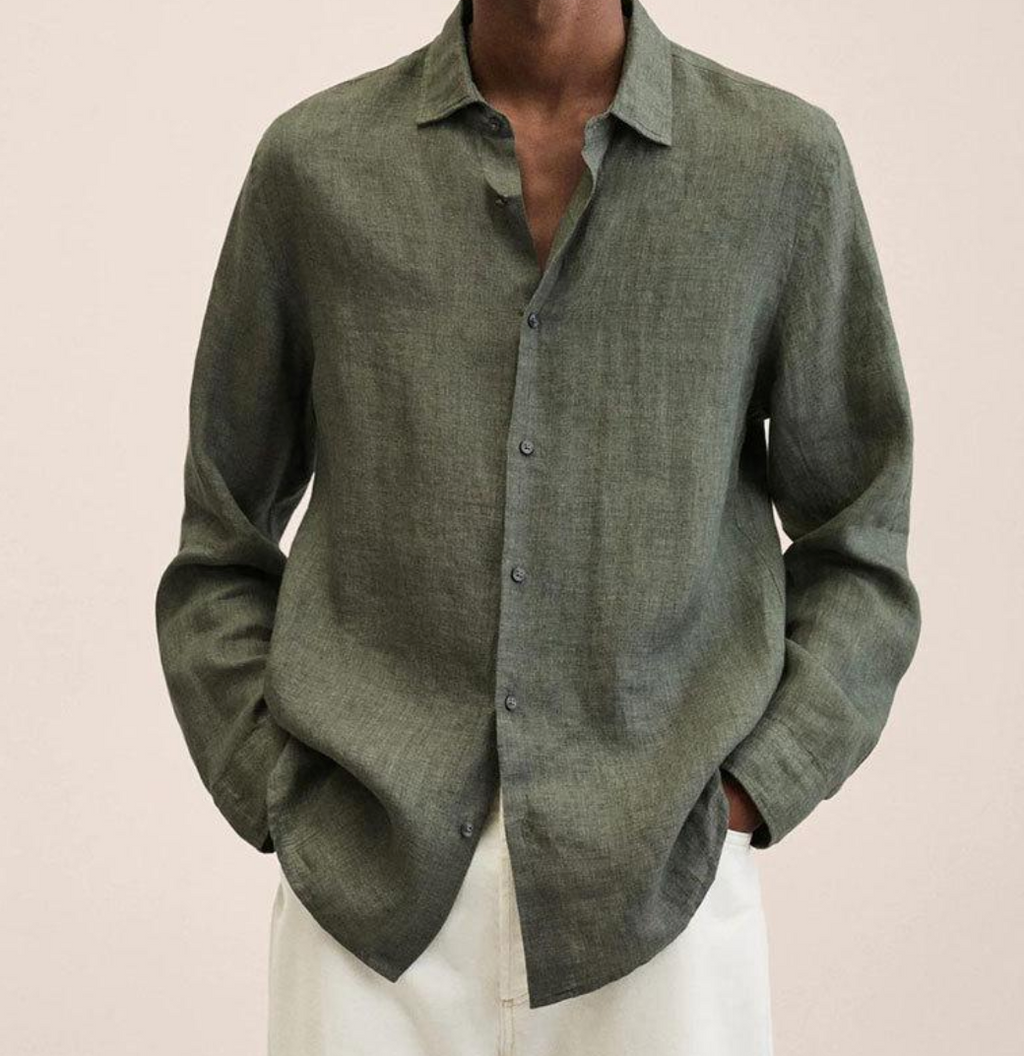 Saverio classic men's linen-look shirt in Dark Green
