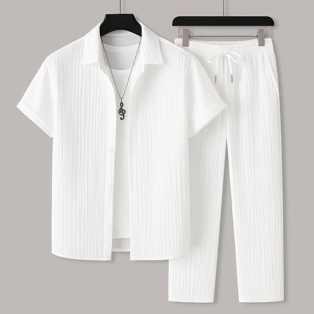 Completo da uomo effetto lino composto da camicia a maniche corte e pantaloni con coulisse, outfit estivo