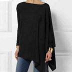 Women's black asymmetrical long-sleeve tunic top, front view