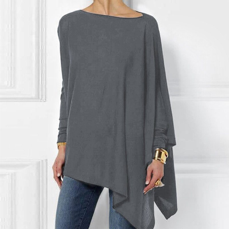 Women's gray asymmetrical long-sleeve tunic top, front view