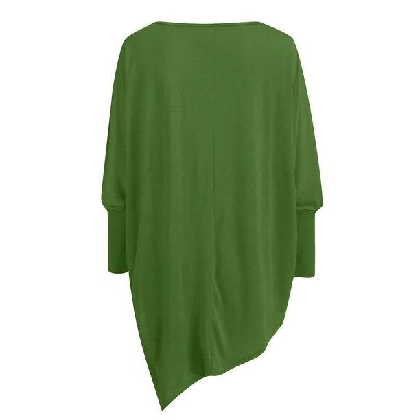 Women's green asymmetrical long-sleeve tunic top, back view