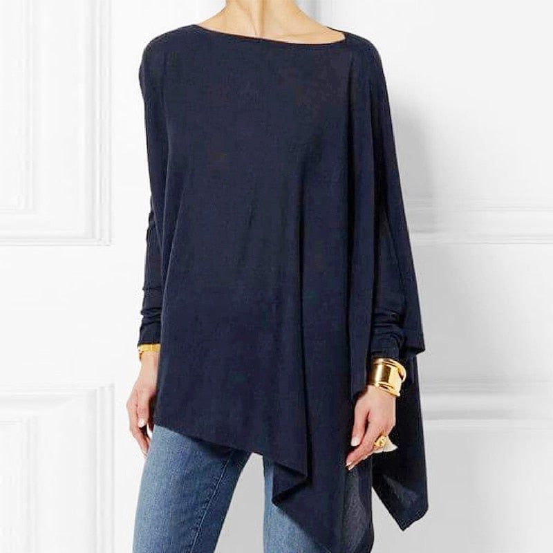 Women's navy blue asymmetrical long-sleeve tunic top, front view