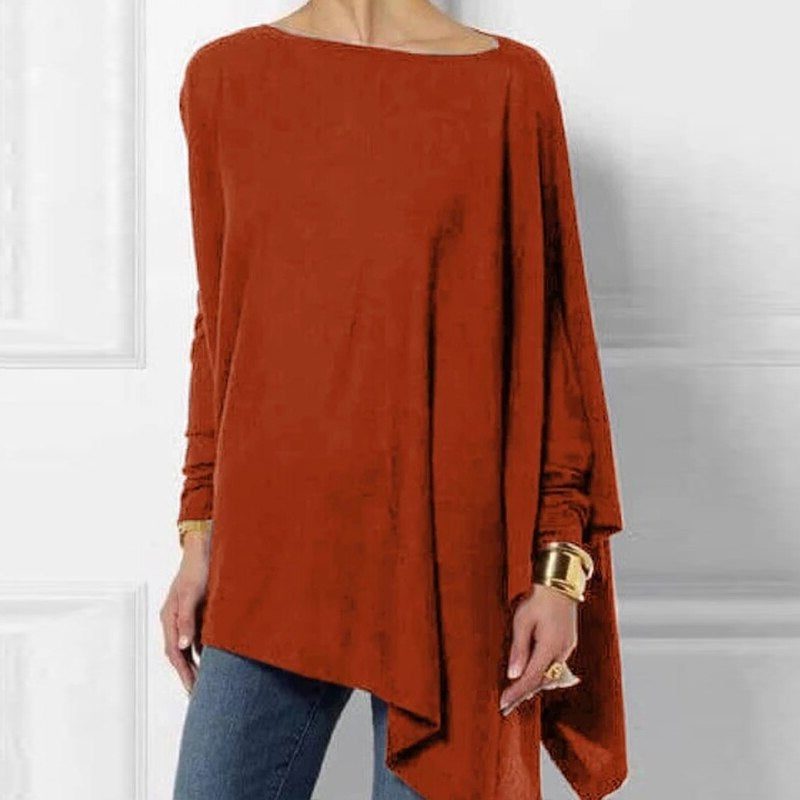 Women's red asymmetrical long-sleeve tunic top, front view