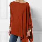 Women's red asymmetrical long-sleeve tunic top, front view