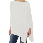 Women's white asymmetrical long-sleeve tunic top, front view