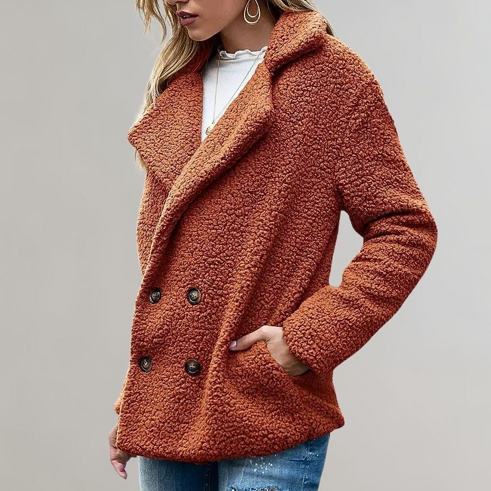 Women's caramel relaxed double-breasted teddy blazer jacket, angled view