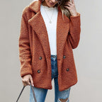 Women's caramel relaxed double-breasted teddy blazer jacket, front view