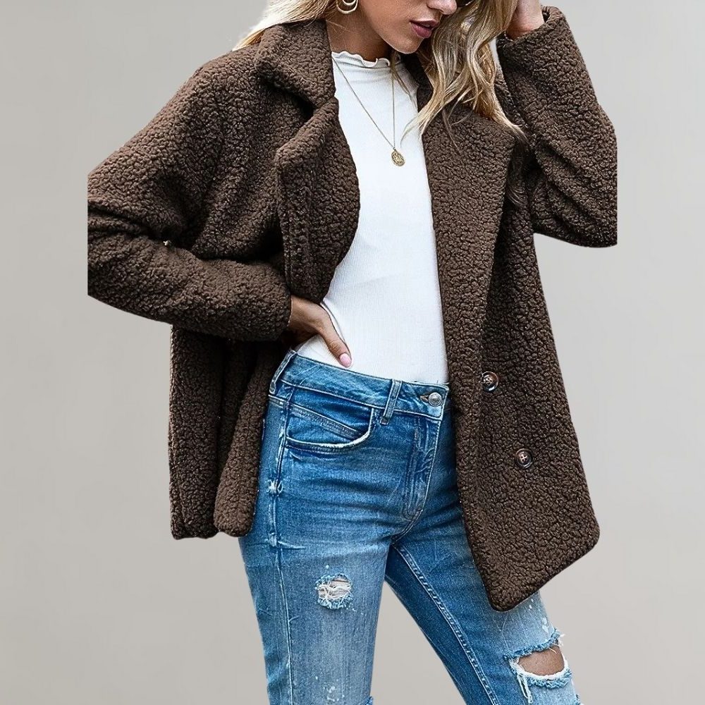 Women's coffee brown relaxed double-breasted teddy blazer jacket, angled view