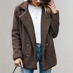 Women's coffee brown relaxed double-breasted teddy blazer jacket, front view