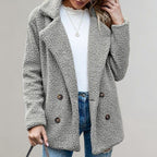 Women's light gray relaxed double-breasted teddy blazer jacket, front view