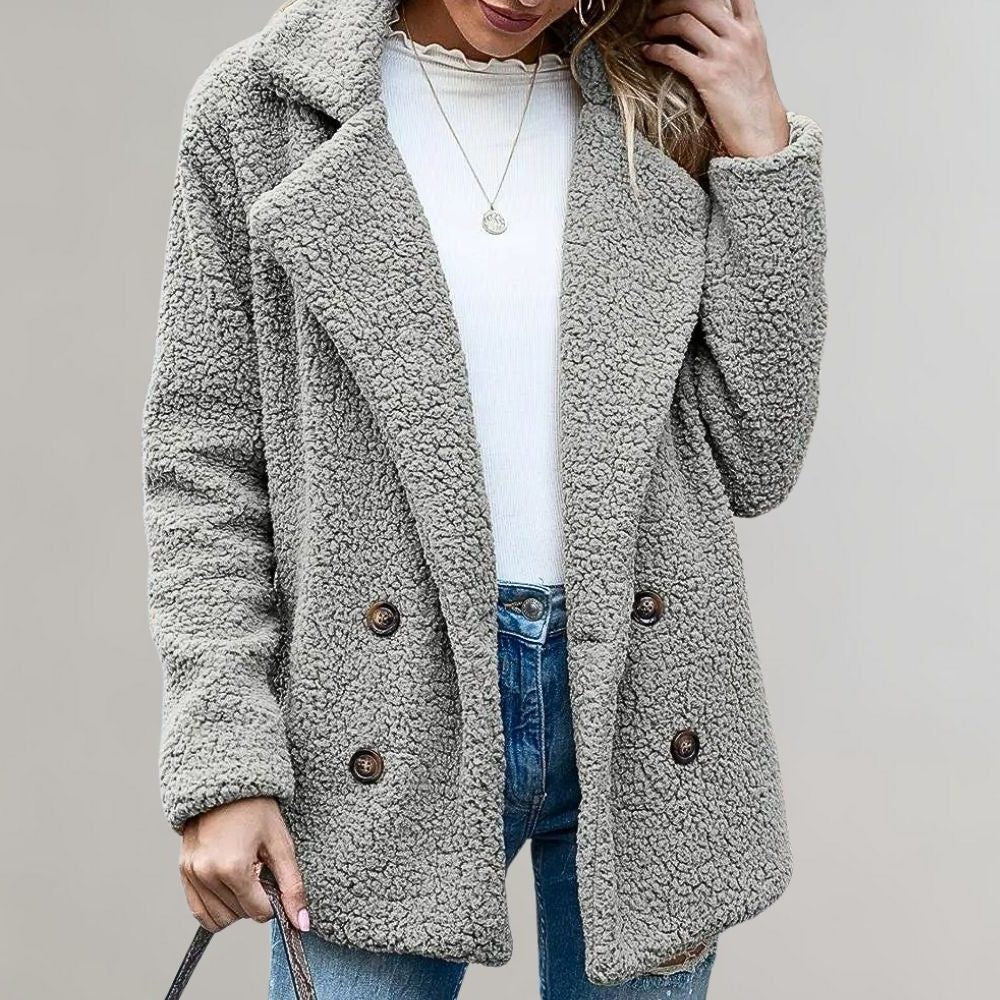 Women's light gray relaxed double-breasted teddy blazer jacket, front view